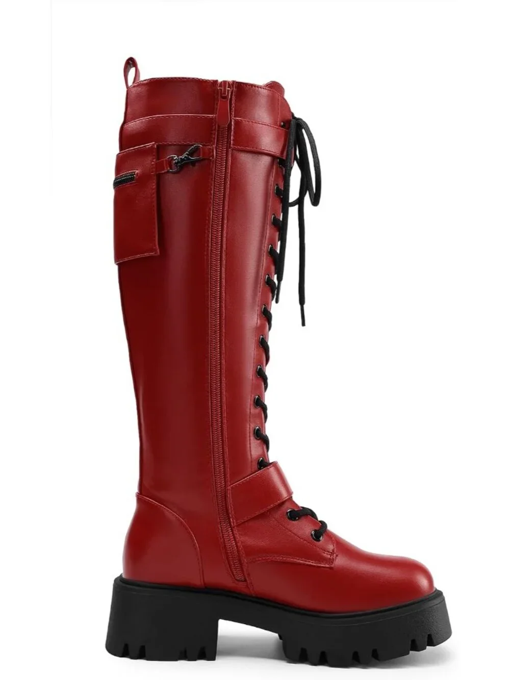 Dream Pairs Women's Red Round Toe Lace Up Inside Zipper Knee High Combat Boots
